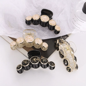 French Vintage Acrylic Hair Claw Clip Gold Foil Round Button Design Large Matte Hair Accessory For Women Updo Styling