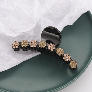 Pince à cheveux noire élégante avec fleurs en strass champagne étincelants pour femme