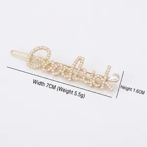 Elegante fermaglio per capelli Goodluck dorato con perle e zircone lungo 7 cm