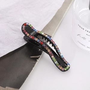 Elegant Korean style black banana hair clip with colorful gradient rhinestones