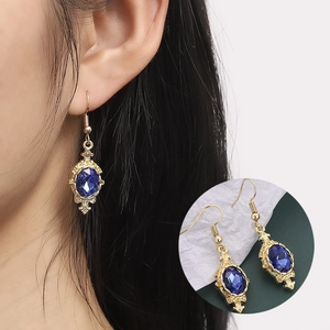 Vintage Alloy Dangle Earrings With Blue Synthetic Sapphire Oval Stainless Steel Earring Post Retro Jewelry For Women
