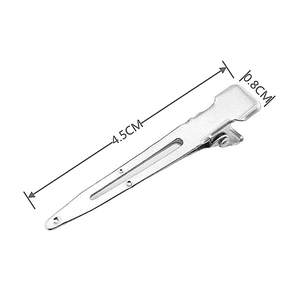 Detailed view of silver metal alligator hair clips measuring 4.5cm by 0.8cm for DIY crafts