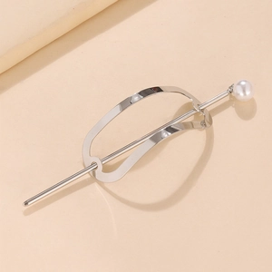 Minimalist silver geometric metal hair pin with a lustrous white pearl accent