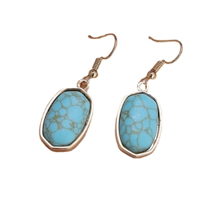 Fashionable diamond-shaped marble earrings with blue turquoise stones and gold hooks