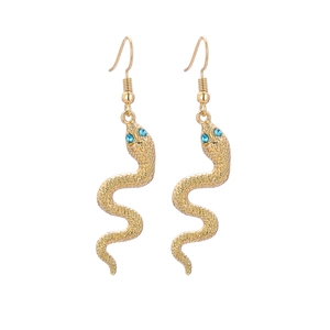 Fashionable gold snake drop earrings with blue crystal eyes and scale texture