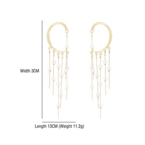 Elegant gold tassel pearl ear cuff with long chain fringe for non-pierced ears