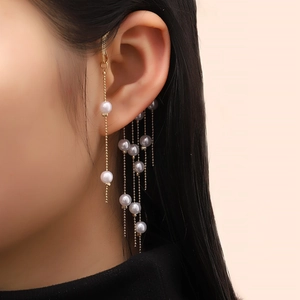 Fashion Gold Alloy Tassel Ear Cuff Earrings Elegant Long Artificial Pearl Wrap Clip Earrings For Non Pierced Ears Wedding Party Jewelry For Women