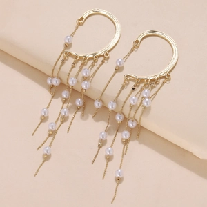 Elegant gold finish ear cuffs with cascading white pearl tassels for non-pierced ears