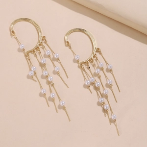 Elegant gold pearl ear cuff with long tassel chain and white faux pearls for women