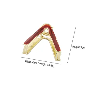 Elegant gold metal V-shaped hair claw clip with red enamel finish and size dimensions