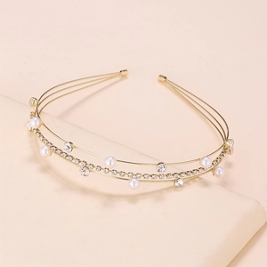 Cerchietto dorato a doppio strato con perle bianche e strass scintillanti da donna