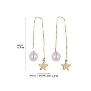 Detailed size specifications for gold star and pearl drop earrings measuring 10.8cm long