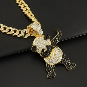 Collier Pendentif Panda Dabbing Hip Hop pour Hommes Femmes Strass Iced Out Alliage Chaîne Cubaine Corde Bijoux Streetwear