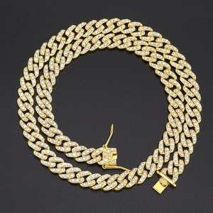 Chaîne Cuban Link 9mm style Hip Hop dorée avec pavage dense de cristaux brillants