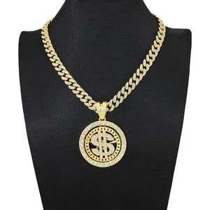 Collana cubana hip hop dorata con ciondolo dollaro rotante con cristalli su busto