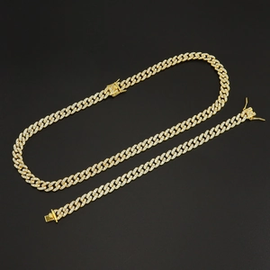 Ensemble collier et bracelet gourmette dorés 9mm style Hip Hop avec zircons cubiques