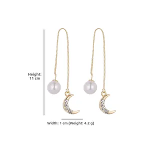 Elegant gold celestial drop earrings with pearls and crescent moon charm, 11cm length