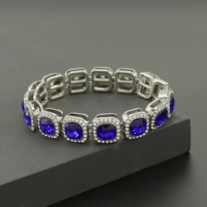 Hip Hop Alloy Inlaid Dark Blue Square Rhinestone Bracelet For Men Women Silver Punk Iced Out Chain Bracelet Jewelry Gift
