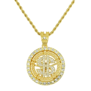 Collana rotante segno del dollaro con strass scintillanti su una catena d'oro