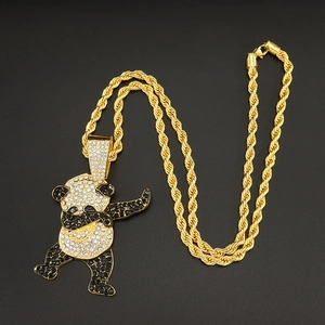 Chaîne en or Hip-Hop avec pendentif Panda Dab serti de cristaux blancs et noirs brillants