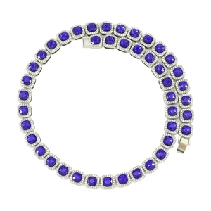 Hip-Hop Silberhalskette mit quadratischen blauen Kristallen und Halo-Diamant-Akzenten
