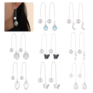 Star moon pearl drop earrings set with butterfly pendants and silver long ear chains