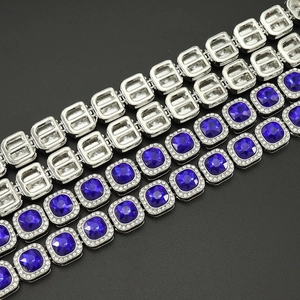 Hip hop silver chain necklace featuring square blue sapphire zircons with white diamond halo