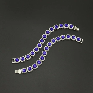 Iced out hip hop silver bracelet with square blue crystals and white rhinestones