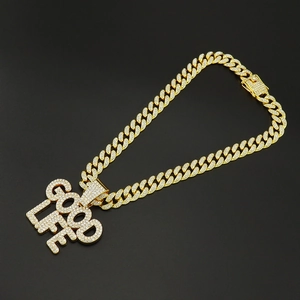 Collier cubain doré avec pendentif lettres GOOD LIFE serti de strass style hip hop