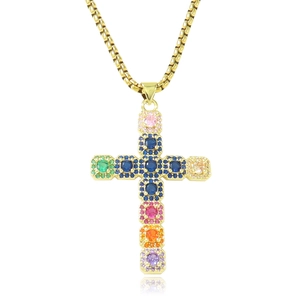 Colorful zircon cross pendant necklace with golden box chain for trendy styling
