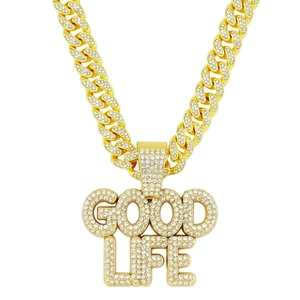 Chaîne cubaine dorée hip-hop avec pendentif lettres GOOD LIFE serti de diamants