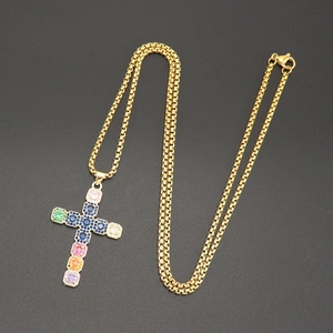 Gold cross pendant necklace with colorful zircons and a classic square pearl chain
