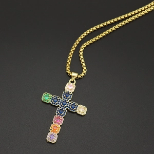 Gold cross necklace with colorful zircon stones and box chain for fashion layering