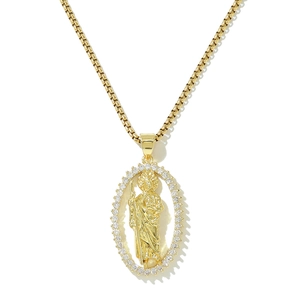 Collier médaille ovale en or avec relief Saint Jude et zircons cubiques style Hip Hop
