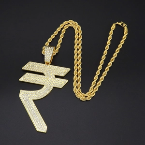 Collier hip hop pour homme avec grand pendentif symbole roupie indienne serti de diamants