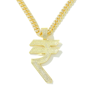 Collier hip hop pour homme en or avec pendentif symbole roupie et strass brillants