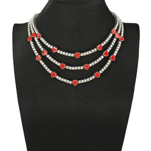 Collier Chaîne Tennis Couleur Argent Style Ins Avec Cœur en Huile de Goutte Rouge Alliage Strass Bijoux Hip Hop Homme Femme