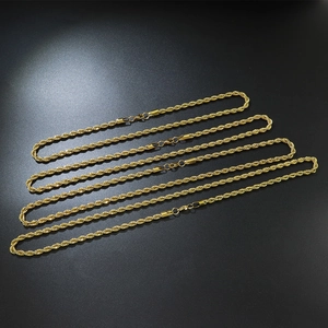 Detailed view of four 5mm golden stainless steel rope chains with lobster clasps
