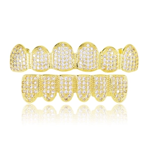 Ensemble de Grillz de Dents Hip Hop Iced Out en Zirconia Micro-Pavé en Cuivre pour Hommes Femmes Bijoux de Corps de Fête