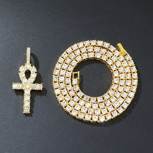Hip Hop Alloy Ankh Cross Pendant Necklace Paved Rhinestone Gold Silver Tennis Chain Necklaces Jewelry For Men Women Daily Wear