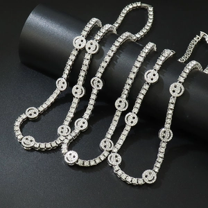 Hip hop silver tennis chain featuring sparkling full diamond smiley face charms
