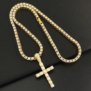 Collar con Colgante de Cruz Hip Hop de Aleación de Zinc con Perlas Artificiales de Imitación y Diamantes de Imitación Iced Out Cadena de Tenis Joyería Oro Plata para Hombre Mujer