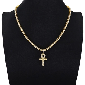 Iced out Ankh cross pendant with sparkling tennis chain necklace in gold finish
