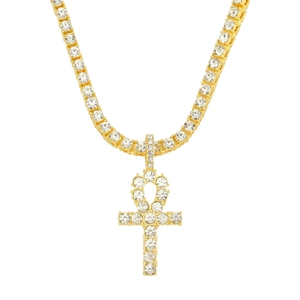 Golden Ankh cross pendant with sparkling stones on a single row tennis chain necklace