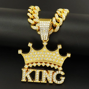 Collana con Pendente a Forma di Corona e Lettera King in Lega con Strass Hip Hop Catena Cubana Catena a Corda per Uomo Donna Gioielli di Moda Streetwear Oro Argento