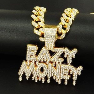 Collier avec Pendentif Alphabet Eazy Money Style Hip Hop Incrusté de Strass Alliage Lettre Gouttelette Bijoux pour Hommes Femmes Chaîne Cubaine Torsadée Accessoires Street Style