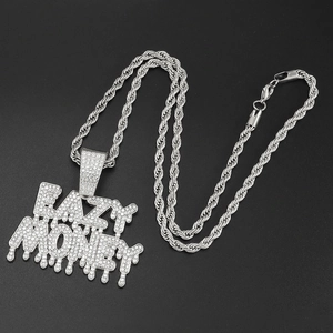 Collier avec pendentif EAZY MONEY en argent serti de strass sur une chaîne corde