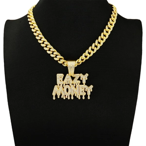 Collier hip hop doré avec pendentif EAZY MONEY en strass et chaîne cubaine épaisse de luxe