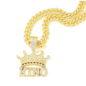 Collana hip hop con ciondolo corona KING oro e catena cubana con strass scintillanti