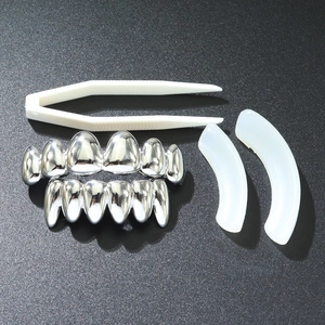 Polished silver hip hop teeth grillz set with silicone molding bars and tweezers accessory